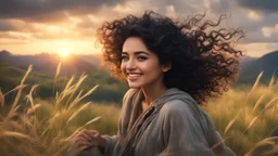 Hyper Realistic Close-up-Photographic-View of Beautiful Curly-Black-Haired-Pashto Girl Smiling & whirling on mountain top with tall grass & cold-breeze along with a tree & cloudy-sunset behind showing dramatic & cinematic ambiance