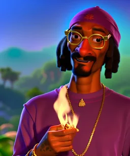 Snoop Dogg, burning cigar with dollars, jungle background, hyper realistic