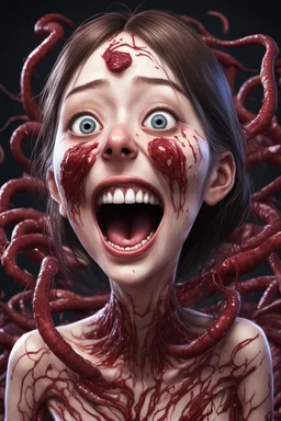 Woman with rare eyes,smiling meanwhile many worms streaming from his mouth, face distorted with pain, screaming, tears streaming, siting pose, fullbody, Junji Ito style, darkred tones,high detailed, 4k resolution, digital paiting, cute, art, no background 3d pixar disney the cinematic FKAA, TXAA, and RTX graphics technology employed for stunning detail.