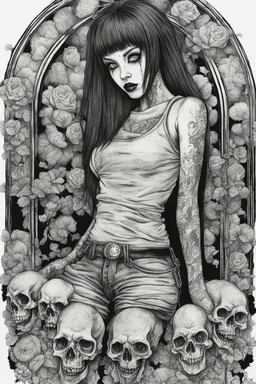 create a disturbing horror full body sketch of a dark haired, savage, gothpunk vampire girl with highly detailed , sharply defined hair and facial features, in the style of Junji Ito, precisely drawn, inked, with dramatic edges,