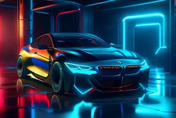 bmw enter composition, ultra realistic,shiny, smooth, studio quality, octane render, Surrealism, Triadic colour scheme,glow-stick, ambient lighting,nightclub lighting, polaroid, 100mm, --ar 1:1 --v4 cyberpunk