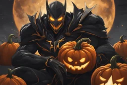 Monarch venom with pumpkin head in anime artstyle, halloween them, close picture, fantasy world, intricate details, highly detailed, high details, detailed portrait, masterpiece,ultra detailed, ultra quality