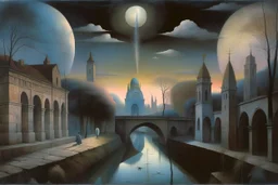 a surreal noctilucent city with arches, domes and rivers by artist "Leonora Carrington",by artist "Agostino Arrivabene",by artist David Inshaw"