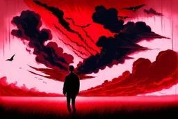 A dark sihlouette of a man flying among the beautiful haunting blood-red clouds