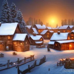 tiny fantasy farming village at night with wooden buildings in winter