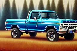 a true-to-life 1978 ford f-150 truck, centered, intricate, extreme detailed, photorealism, center view, farm background, pivot on ford, pen and color marker, painting by cheryl kelley