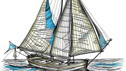 in the childish style of a 5 year old with scratchy penwork, a basic sloop, floating on water with the sail full of wind. Off to the side, the same boat mast is depicted, this time with the sail raised and tied up