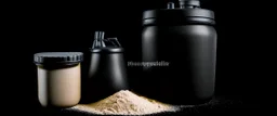 Dark studio setting, black background, black protein powder container, scoop with protein in front.