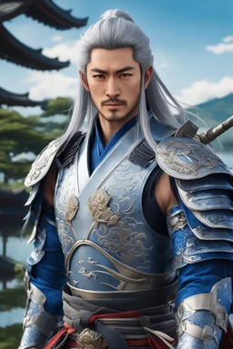 Portrait of a 30 years old handsome samurai in blue and silver heavy armor, fantasy armor with crane sigils, Silver mask, Sengoku Basara, Zen heroe, heroe vibes, fitness body, long silver hair, nobility vibes, gentle smile, nostalgic, heroic pose, japanese spear, 8k, Japanese lake in the background, anime style, perfect anatomy, centered, approaching perfection, dynamic, highly detailed, looking badass, action scene, Hiro Mashima art style, japanese art style, inspired by kawanabe kyōsa, 3d rend