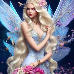 Fantasy cute fairy with wings, smiling, make up, long blond platinum hair, blue eyes, crown, beautiful dress, flowers in background, HQ