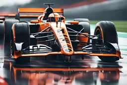 a close up of a racing car on a wet track, digital art inspired by Mike Winkelmann, trending on Artstation, digital art, mclaren, motor sport photography, motorsports photography, daniel maidman octane rendering, photo realistic octane render, 8 k octane comprehensive render, f1 cars blurred in background, formula one car, 8 k octane detailed render