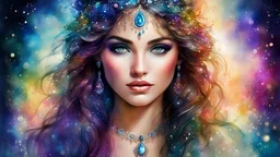 (india woman), detailed eyes, watercolor, Digital illustrator details, sparkles, style by Thomas Kinkade+David A. Hardy+Carne Griffiths Dreamlike Fantasy illustration, dreamy atmosphere, bokeh, rendered in colorful iridescent alcohol ink wash, luminism, luminescence