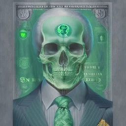 a head and shoulders portrait of a skeleton dressed in a three-piece suit as the president of the united states, based on us currency, united states one dollar bill, shades of green, real-life, colors match the united states one dollar bill, realistic, robotic,