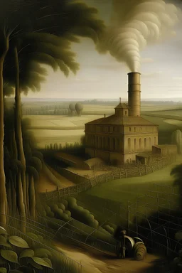 A factory near a farmland painted by Leonardo da Vinci