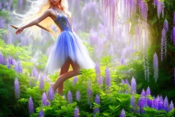 Fantasy cute elf with transparent wings, smiling, make up, long blond platinum hair, blue eyes, crown, beautiful dress, wisteria flowers and mushrooms in background, HQ, high key lighting, volumetric light high details