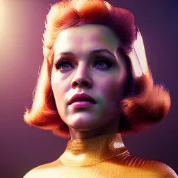 Ultra Realistic retro sci-fi portrait supermarket image from 1960, many explosions, sweet young Jane Fonda, tight latex suit, weapon, fighting stance, soft color, highly detailed, unreal engine 5, ray tracing, RTX, lumen lighting, ultra detail, volumetric lighting, 3d, finely drawn, high definition, high resolution.