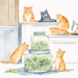 watercolor illustration of mischievous cats forming a cat pyramid to get up on a counter with "CATNIP" jar on it, super cute, whimsical,