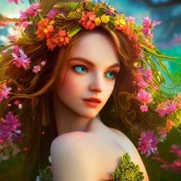  Beautiful and bright goddess of spring,delicate flowers, knees up portrait, fantastical, intricate detail, splash screen, complementary colors, fantasy concept art, 8k resolution, Unreal Engine 5"