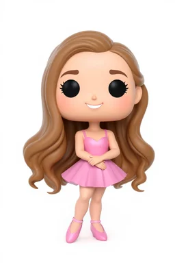 Funko figure of a very young female, smiling, long wavy light brown hair, wearing a ballerina dress, pink dress, ballet, very cute, ballet pose,. typography, 3D render. White background