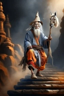 old wizard on donkey walking with a stick up the stairs to heaven, 4 k, down-light, soft light, depth of field, photo realism, trending on art station, high detail, spray paint