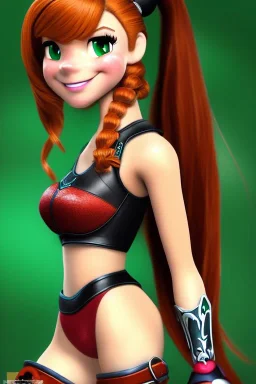 Disney cartoon style, hyper detailed, strikingly beautiful teen female, 16 years old, long ponytail, ginger hair, green eyes, medium freckles, full lips, micro top, black leather armour, full body, full face, tiny breasts, athletic, centred camera, ignore NSFW, thong, camel toe, athletic