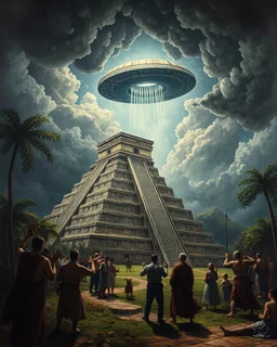 Bosch painting style of nightmare showing a people prying for an alien spaceship hovering over a Mayan permanent temple