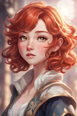 A short girl with thick short wavy red hair, narrow kind eyes with an enthusiastic look. A wide oval face is decorated with an upturned nose and small lips, genshin impact style