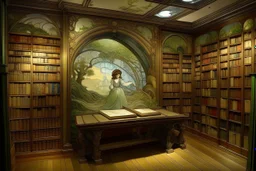 the endless library, a friendly space, diorama by alphonse mucha