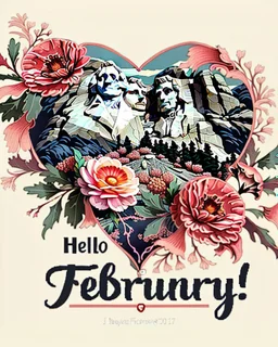 1:1 ratio A highly detailed Image in the style of Art Nouveau, of tastefully painted hearts and flowers in shades of reds, pinks, corals and ivory, add a superimposed transparent image of the president's on Mount Rushmore in the corner. Image is edge to edge, no frame. Bold script text "Hello February!" , wide-angle shot, vibrant color grading, shallow depth of field, adventure, league of legends style concept art