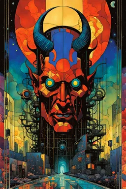 Create a chaotic abstract cubist Tarot Card depicting a post apocalyptic, The Devil , with highly detailed facial features, in the style of Bill Sienkiewicz, Philippe Druillet, Gustav Klimt, and Jean Giraud Moebius, precisely drawn, colored and inked