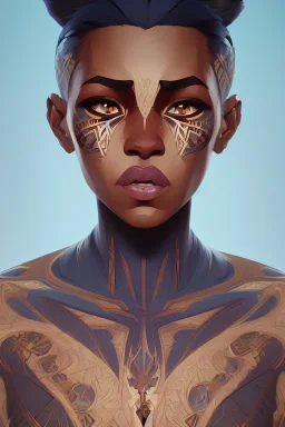 asymmetrical body beautiful nubian tribal tattooed young woman perfect eyes, intricate, elegant, highly detailed, digital painting, artstation, concept art, smooth, sharp focus, illustration, art by artgerm and greg rutkowski and alphonse mucha, 8 k