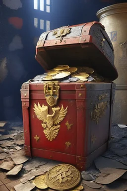 in a LARGE BASEMENT, half-buried in the earth, an ancient, worn-out, worn-out, torn-side valise peeks out, from which gold coins from the time of Catherine the Great fall out. The ancient coat of arms of Russia, the double-headed eagle, is BARELY VISIBLE on the bag. There are a lot of broken bricks and earth around the bag. All in high quality 8K