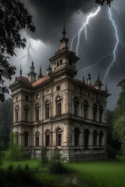 un immense manoir en feu, au centre d'une forêt dense. Il y a beaucoup de nuages gris sombres avec 4 grosses éclair épaisses.