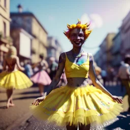 Ultra Realistic photo, medium shot view, drunken sweet dancer Spanish woman, carnival scene, monster hair, steampunk style. Yellow hair, confeti, smile, happy, festival, ovnis, gradient color fog. highly detailed, concept art, unreal engine 5, ray tracing, RTX, lumen lighting, ultra detail, volumetric lighting, 3d, finely drawn, high definition, high resolution.