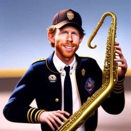 Ron howard from happy days playing the saxophone, his eyes are closed, letter jacket