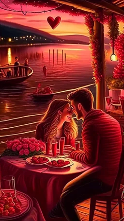 Valentines day date night, no peaple, just scenery, art, drawing, very realistic, detailed, vibrant colors.