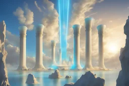 un cercle de crisaux bleus et blancs s'élève dans le ciel entouré d'un faisseau lumineux, atlantis, il y a plusieurs colonnes avec des flammes blanches