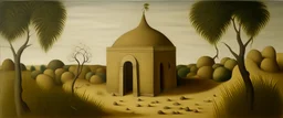 A tan stone temple in a wasteland painted by Henri Rousseau