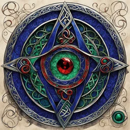 the asymmetric symbol of an ancient Celtic female vampire coven , in the form of highly detailed triskele and knotwork, made from lapis lazuli, emerald, and ruby, with the all seeing eye at its center fashioned as a clasp, in the graphic novel style of Bill Sienkiewicz, Jean Giraud Moebius, and Enki Bilal