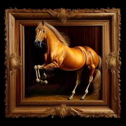 Caballo Palomino cuerpo completo obra de arte hiperredetallado arte renacentista pintura al oleo 8k marco del cuadro tallado en madera