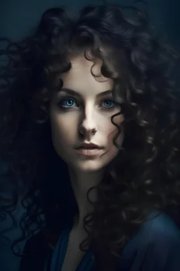 Porträt im Fantasystil einer jungen Frau mit wilden, dunklen Locken