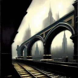 Train station on cliff, Gotham city, Neogothic architecture, by Jeremy mann, point perspective,