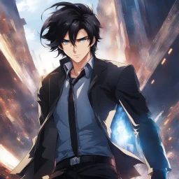 (masterpiece), (anime style), award winning, close up, centered, headshot, looking toward camera, messy black hair, young man, blue eyes, modern, dynamic lighting, ultra detailed, (epic composition, epic proportion), professional work, black clothes