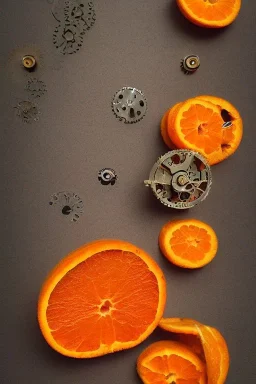 portrait, an orange cut open with tiny clockwork gears embedded in its rind, AbstractTech clockpunk, Food photography, beautiful, delicious food, recipe photography, realistic, natural light, colorful, food art, object photography, vignette, ultra HD