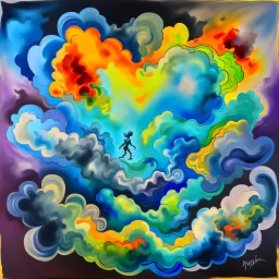 an abstract painting of a person falling, clouds, smoke, watercolour, fog, fantasy