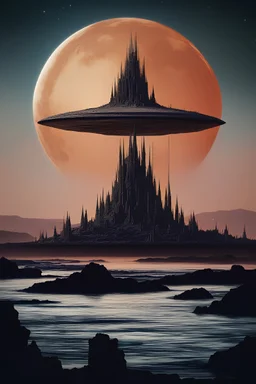 alien castle floating far out over sea of mercury, pennington
