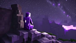 Minecraft Character, minecraft theme, purple starry sky, meditating, facing back, wearing gown, minecraft style, in between two cliffs,