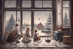 A picture from the window of a house onto the street, two lovers are standing near the window: a girl and a guy. There is a teapot on the floor, mittens lying around, a white boat made of paper, stars cut out of paper, next to the window there is a fireplace with a Christmas tree. An old man with a suitcase is sitting on the floor, cockroaches with musical instruments are running in front of him. Outside the window there are trees, shadows and secrets, haze. Phantasmogoria, mysticism, theater