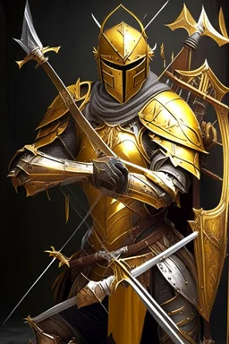 medival paladin with a crossbow and golden armor