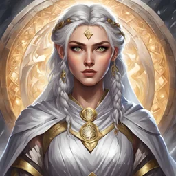dungeons & dragons; digital art; portrait; female; sorceress; two colored eyes; silver hair; braided hair; young woman; greek style robes; long veil; soft clothes; silver and gold robes; robes with armor; teenager; circle halo background